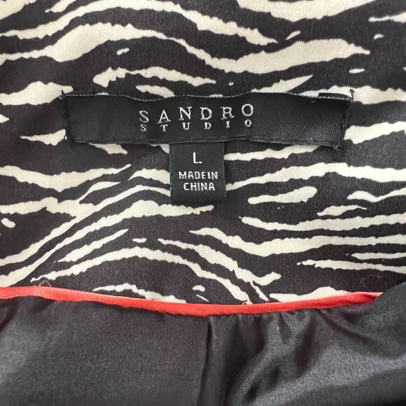 SOLD Sandro Studio Zebra Print Ruffle Collar Belted Trench Coat Large - Picture 6 of 9